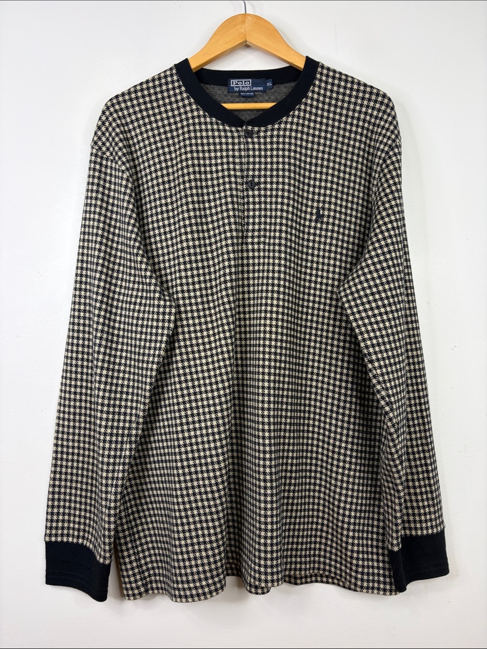 Vintage Polo Ralph Lauren Sweater Mens XL Gray Black Houndstooth Henley Loose